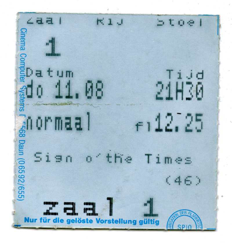 Ticket stub from viewing the <em>Sign &lsquo;O the Times</em> convert movie in the Hoog Catherijne movie theatre in Utrecht on the night of the dutch premiere